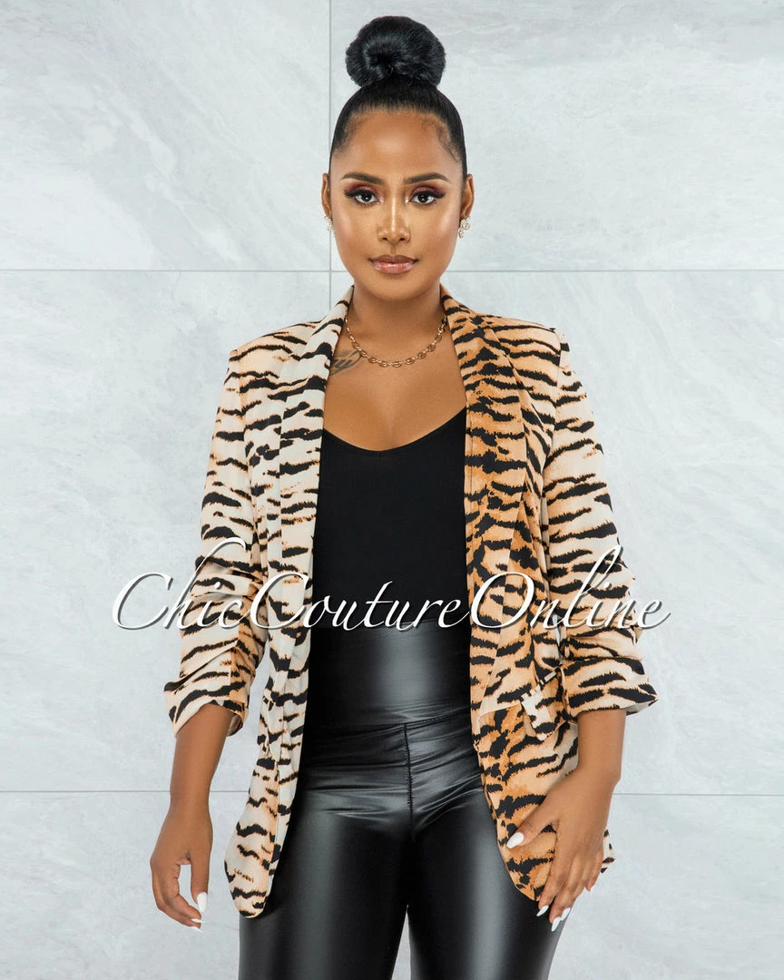 Vendor-unknown JUST IN Merona Nude Black Tiger Print Boyfriend Long Blazer