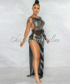 Vendor-unknown Chris Black Mesh Rhinestones Slit Maxi Dress JUST IN
