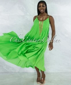Vendor-unknown JUST IN Normandie Apple Green Wide Flutter Maxi Dress