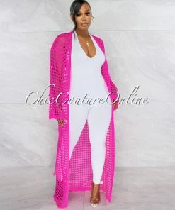 Vendor-unknown Qiana Hot Pink Crochet Sheer Long Duster JUST IN