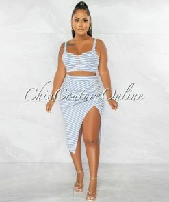 Chic Couture Online JUST IN Maude White Baby Blue Stripes Gold Button Crop Top & Skirt Set