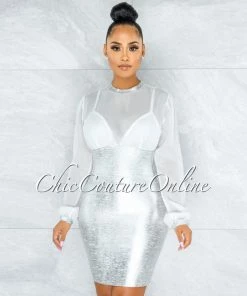 Vendor-unknown JUST IN Leroux Silver Foil Overlay Silky White Top Bandage Dress