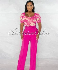 Chic Couture Online Faina Fuchsia Belt High Waist Palazzo Pants JUST IN