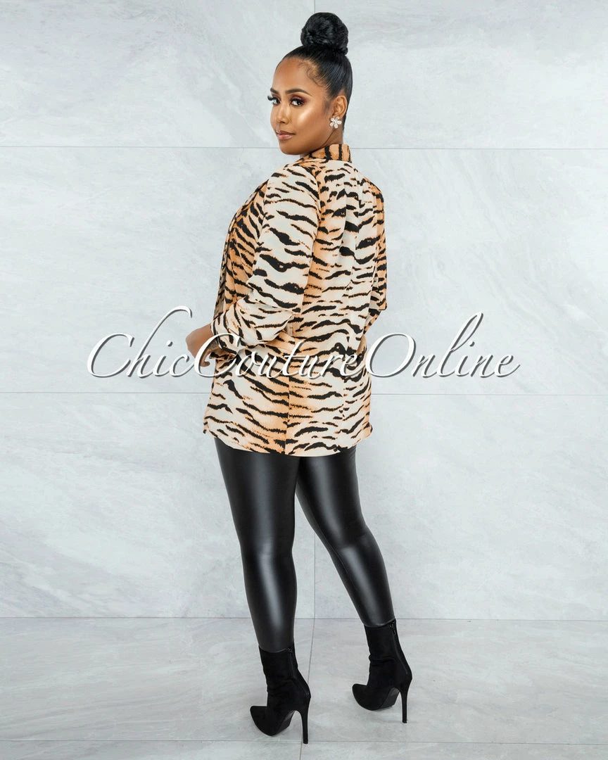 Vendor-unknown JUST IN Merona Nude Black Tiger Print Boyfriend Long Blazer