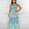 Vendor-unknown JUST IN Otrera Blue Yellow Print Lace-Up Back Maxi Dress