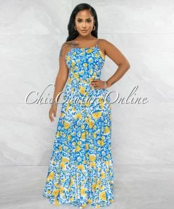 Vendor-unknown JUST IN Otrera Blue Yellow Print Lace-Up Back Maxi Dress
