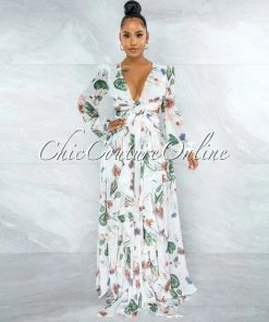 Chic Couture Online Feryal Ivory Floral Print O-Ring Lace-Up Back Maxi Dress JUST IN