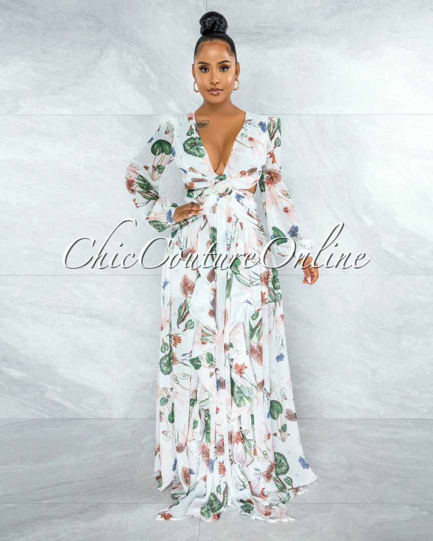 Chic Couture Online Feryal Ivory Floral Print O-Ring Lace-Up Back Maxi Dress JUST IN