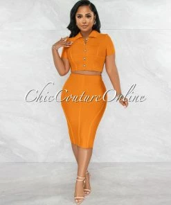 Vendor-unknown JUST IN Yaletha Carrot Orange Buttons Top & Midi Skirt Bandage Set