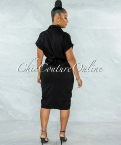 Vendor-unknown JUST IN Valley Black Drape Self-Tie Belt Shirt Midi Dress