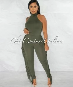 Chic Couture Online Andrea Olive Green Crop Top & Tassels Leggings Set JUST IN