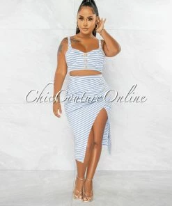 Chic Couture Online JUST IN Maude White Baby Blue Stripes Gold Button Crop Top & Skirt Set