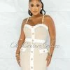 Chic Couture Online Librada Nude White Gold Buttons Crop Top & Skirt Set JUST IN