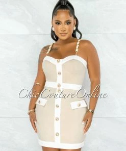 Chic Couture Online Librada Nude White Gold Buttons Crop Top & Skirt Set JUST IN