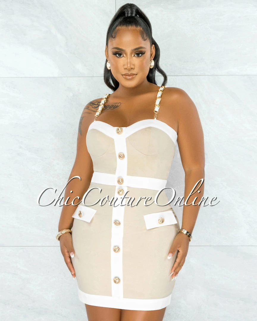 Chic Couture Online Librada Nude White Gold Buttons Crop Top & Skirt Set JUST IN