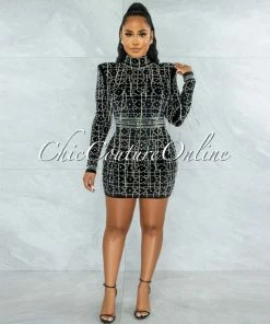 Vendor-unknown Jasmine Black Velvet Rhinestones Fringe Dress JUST IN