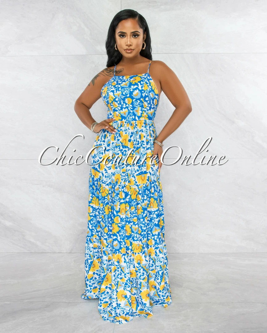Vendor-unknown JUST IN Otrera Blue Yellow Print Lace-Up Back Maxi Dress