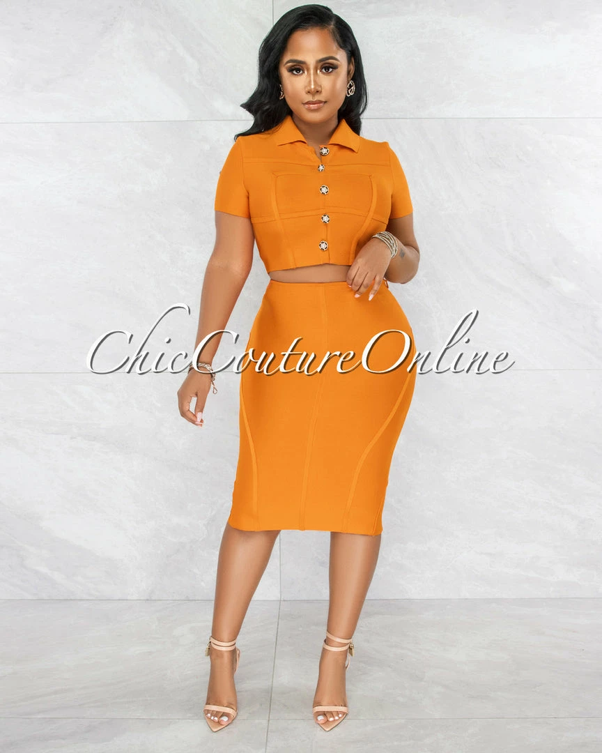 Vendor-unknown JUST IN Yaletha Carrot Orange Buttons Top & Midi Skirt Bandage Set