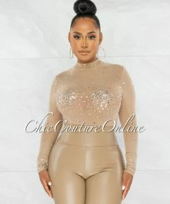 Chic Couture Online JUST IN Moore Nude Silver Mesh Rhinestones Bodysuit