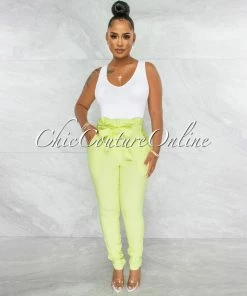 Vendor-unknown Kiah Baby Green Pleated Paper Bag Tie Belt Pants JUST IN