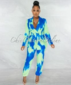 Chic Couture Online Jedony Lime Blue Double Trench Blazer & Pants Set