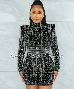 Vendor-unknown Jasmine Black Velvet Rhinestones Fringe Dress JUST IN