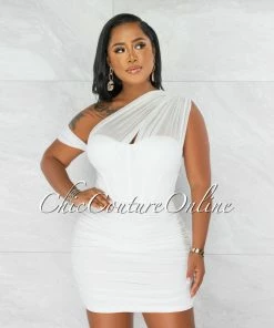 Chic Couture Online JUST IN Belicia Off-White Mesh Ruched One Shoulder Corset Dress