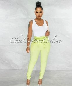 Vendor-unknown Kiah Baby Green Pleated Paper Bag Tie Belt Pants JUST IN