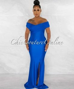 Chic Couture Online JUST IN Dewey Royal Blue Drape Off-The Shoulders Maxi Dress