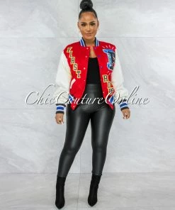 Vendor-unknown CLOTHING Brittany Red Graphics Faux Leather Sleeves Varsity Jacket