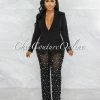 Vendor-unknown JUST IN Alicia Black Blazer & Mesh Pearl Pants Set