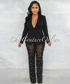 Vendor-unknown JUST IN Alicia Black Blazer & Mesh Pearl Pants Set