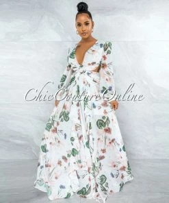 Chic Couture Online Feryal Ivory Floral Print O-Ring Lace-Up Back Maxi Dress JUST IN