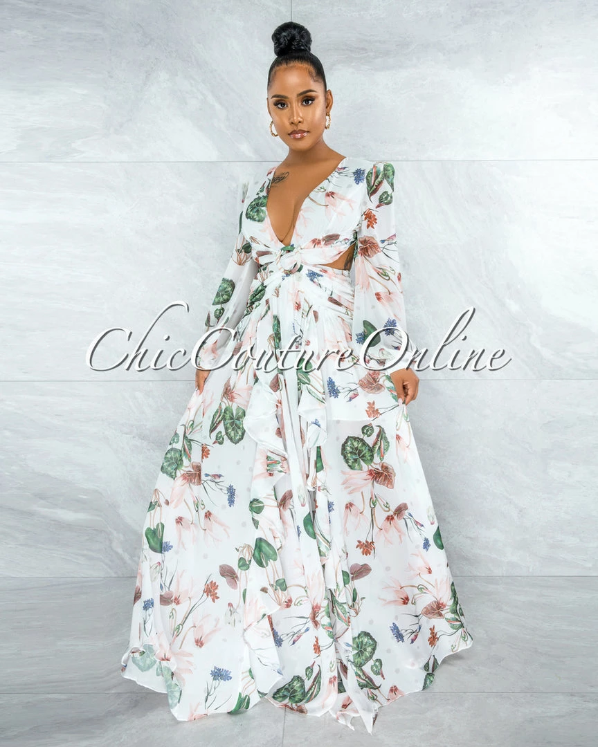 Chic Couture Online Feryal Ivory Floral Print O-Ring Lace-Up Back Maxi Dress JUST IN