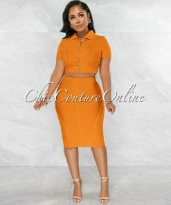 Vendor-unknown JUST IN Yaletha Carrot Orange Buttons Top & Midi Skirt Bandage Set