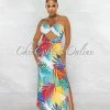 Chic Couture Online Morris White Multi-Color Leaf Print Key-Hole Maxi Dress JUST IN