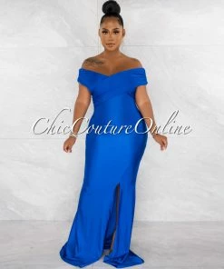 Chic Couture Online JUST IN Dewey Royal Blue Drape Off-The Shoulders Maxi Dress