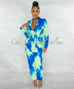Chic Couture Online Jedony Lime Blue Double Trench Blazer & Pants Set