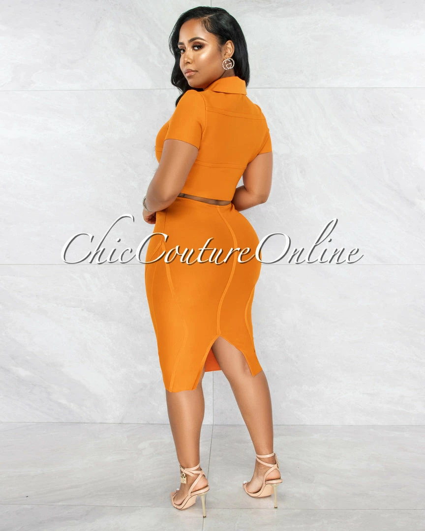 Vendor-unknown JUST IN Yaletha Carrot Orange Buttons Top & Midi Skirt Bandage Set