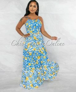 Vendor-unknown JUST IN Otrera Blue Yellow Print Lace-Up Back Maxi Dress