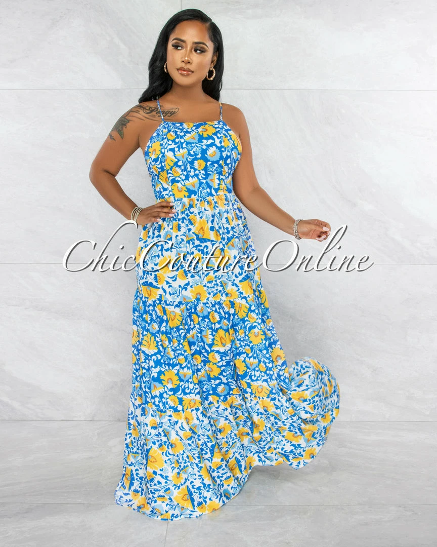 Vendor-unknown JUST IN Otrera Blue Yellow Print Lace-Up Back Maxi Dress