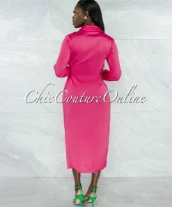 Vendor-unknown JUST IN Diane Hot Pink Wrap Satin Midi Dress
