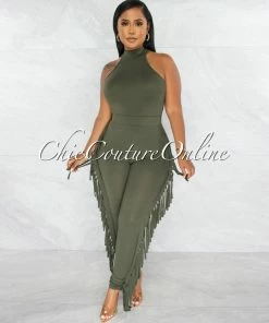 Chic Couture Online Andrea Olive Green Crop Top & Tassels Leggings Set JUST IN