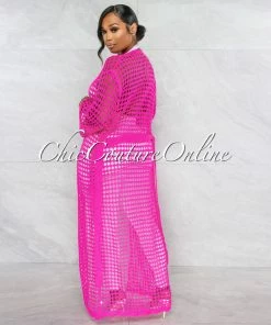 Vendor-unknown Qiana Hot Pink Crochet Sheer Long Duster JUST IN