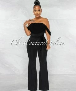 Chic Couture Online Darcy Black Mesh Sleeves Waistband Tie Jumpsuit