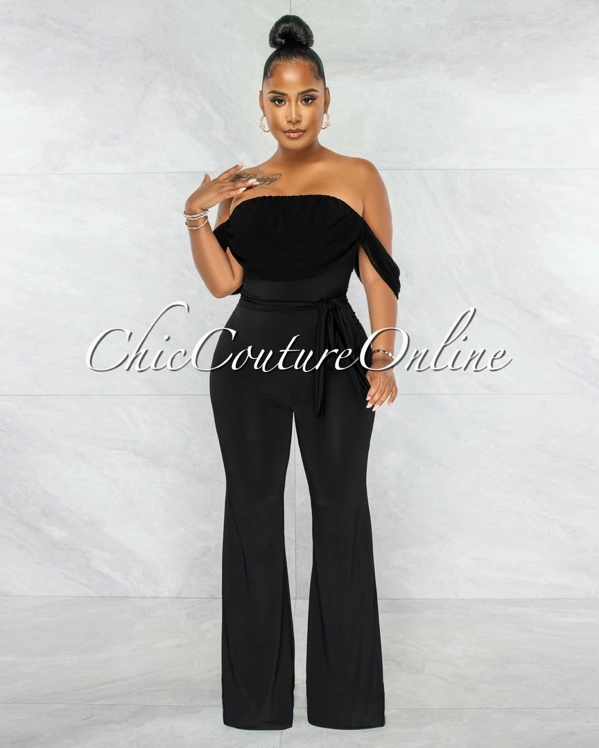 Chic Couture Online Darcy Black Mesh Sleeves Waistband Tie Jumpsuit