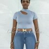 Vendor-unknown Venecia Steel Blue Cut-Out Shoulder Ribbed Crop Top