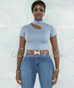 Vendor-unknown Venecia Steel Blue Cut-Out Shoulder Ribbed Crop Top