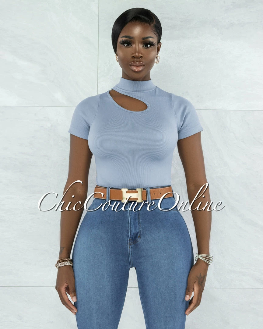 Vendor-unknown Venecia Steel Blue Cut-Out Shoulder Ribbed Crop Top