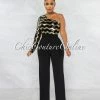 Vendor-unknown JUST IN Define Black Gold Chevron Sequins Single Sleeve Jumpsuit
